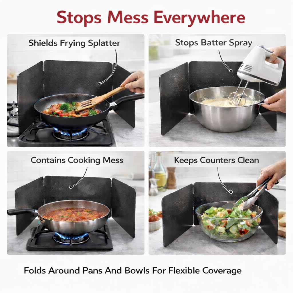 HIC Kitchen 3-Sided Splatter Guard, Non-Stick Carbon Steel, Heat Safe, Folds Flat For Storage, Fits Up To 10.5-Inch Pans And Bowls - Image 4