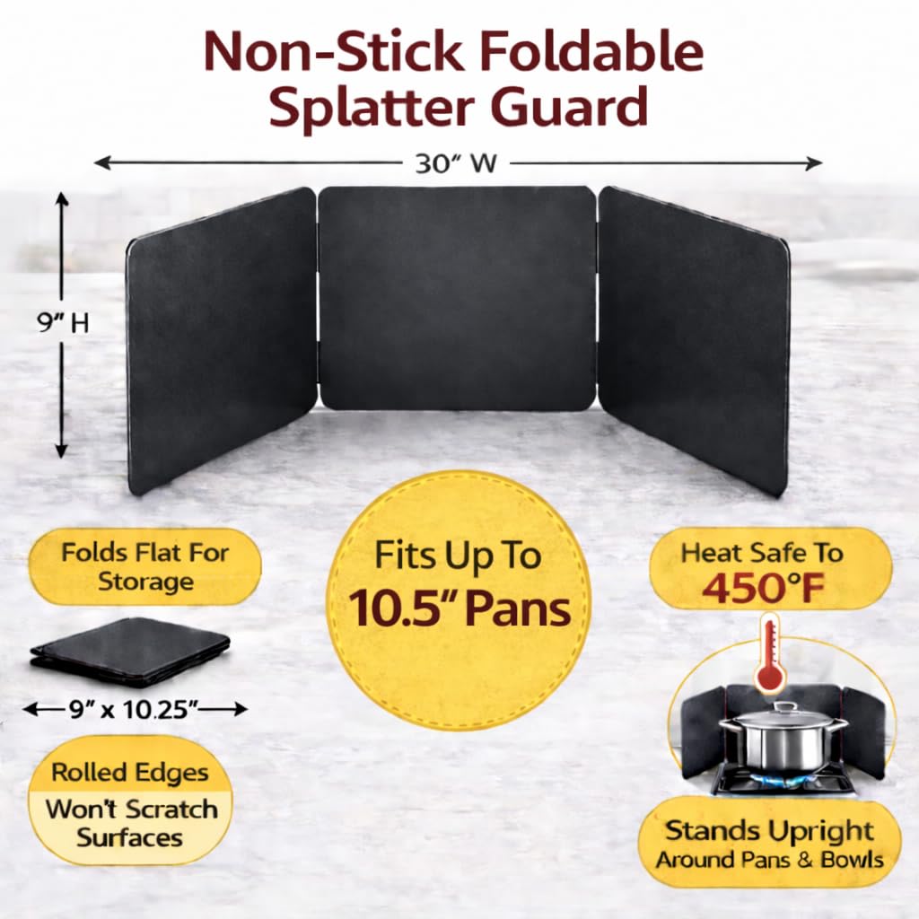 HIC Kitchen 3-Sided Splatter Guard, Non-Stick Carbon Steel, Heat Safe, Folds Flat For Storage, Fits Up To 10.5-Inch Pans And Bowls - Image 5