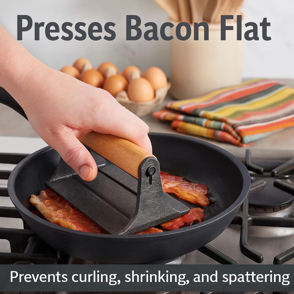 HIC Kitchen Bacon Press, Heavyweight Cast Iron, Rectangular With Wood Handle, For Stovetop Grill And Griddle - Image 4