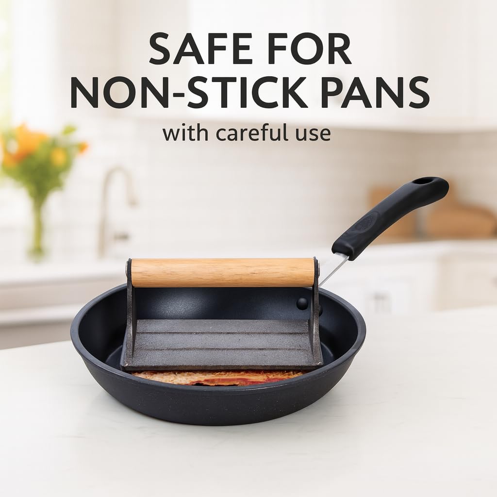 HIC Kitchen Bacon Press, Heavyweight Cast Iron, Rectangular With Wood Handle, For Stovetop Grill And Griddle - Image 5