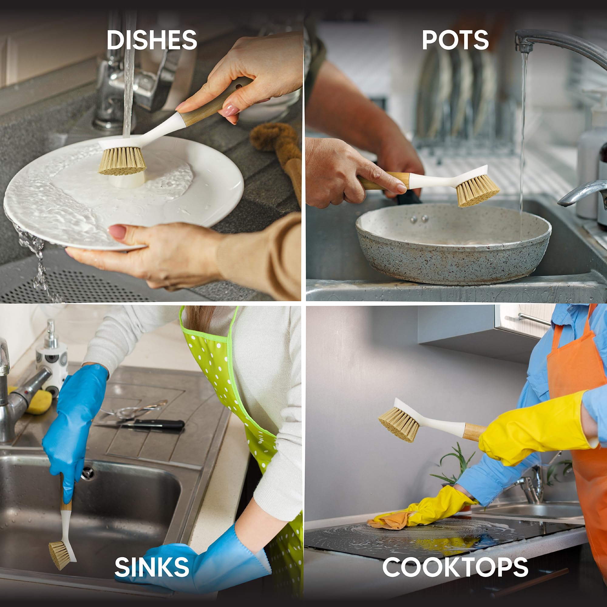 HIC Kitchen Dish Scrubbing Brush, Bamboo with Non-Scratch Bristles - Image 3