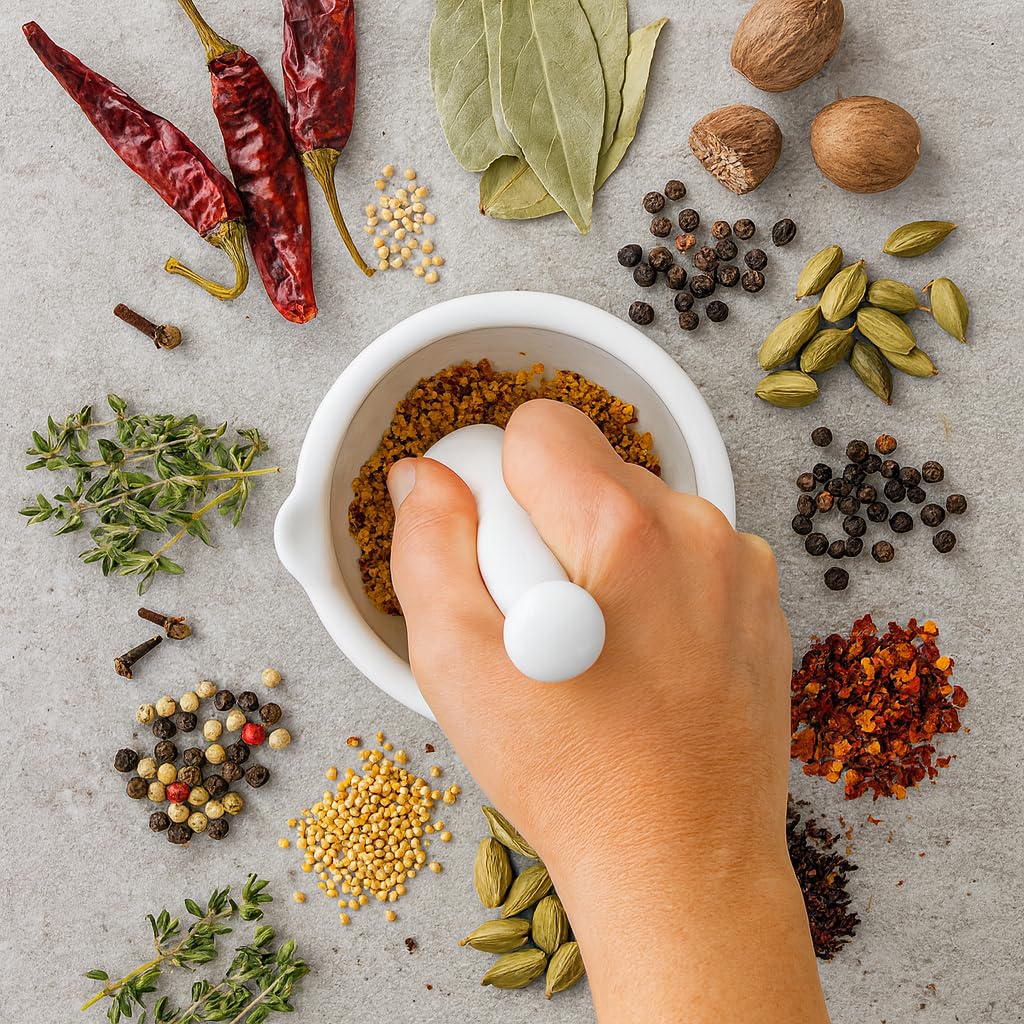 HIC Kitchen Mortar with Pour Spout and Pestle, Fine Porcelain, 4.25-Inch, Spice Herb Grinder, Pill Crusher, Nut Butter Maker - Image 3