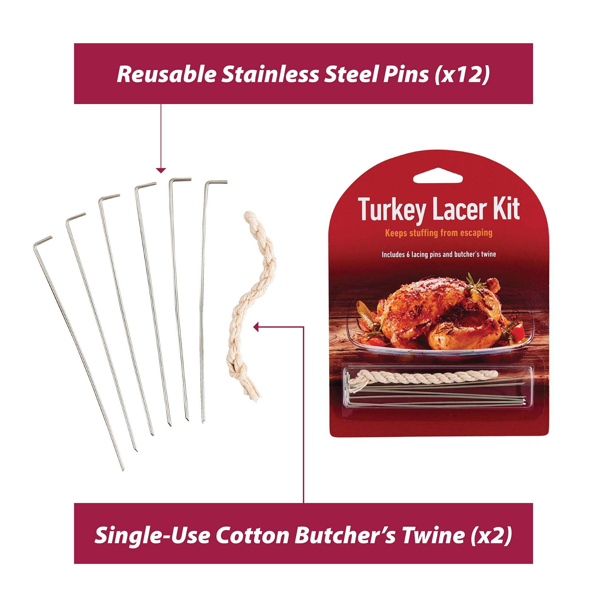 HIC Kitchen Roasting Holiday Turkey Lacer Kit, Cotton Butcher’s Twine, Reusable Stainless Steel Pins, For Trussing Rolled Or Stuffed Poultry And Meat, Set of 2 - Image 7