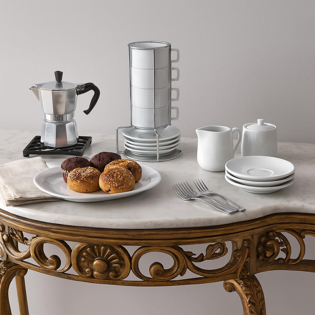 HIC Kitchen Stackable Espresso Coffee Set, Fine Porcelain, 9-Piece Set, 4-Ounce Service for 4 Plus Storage Stand - Image 3