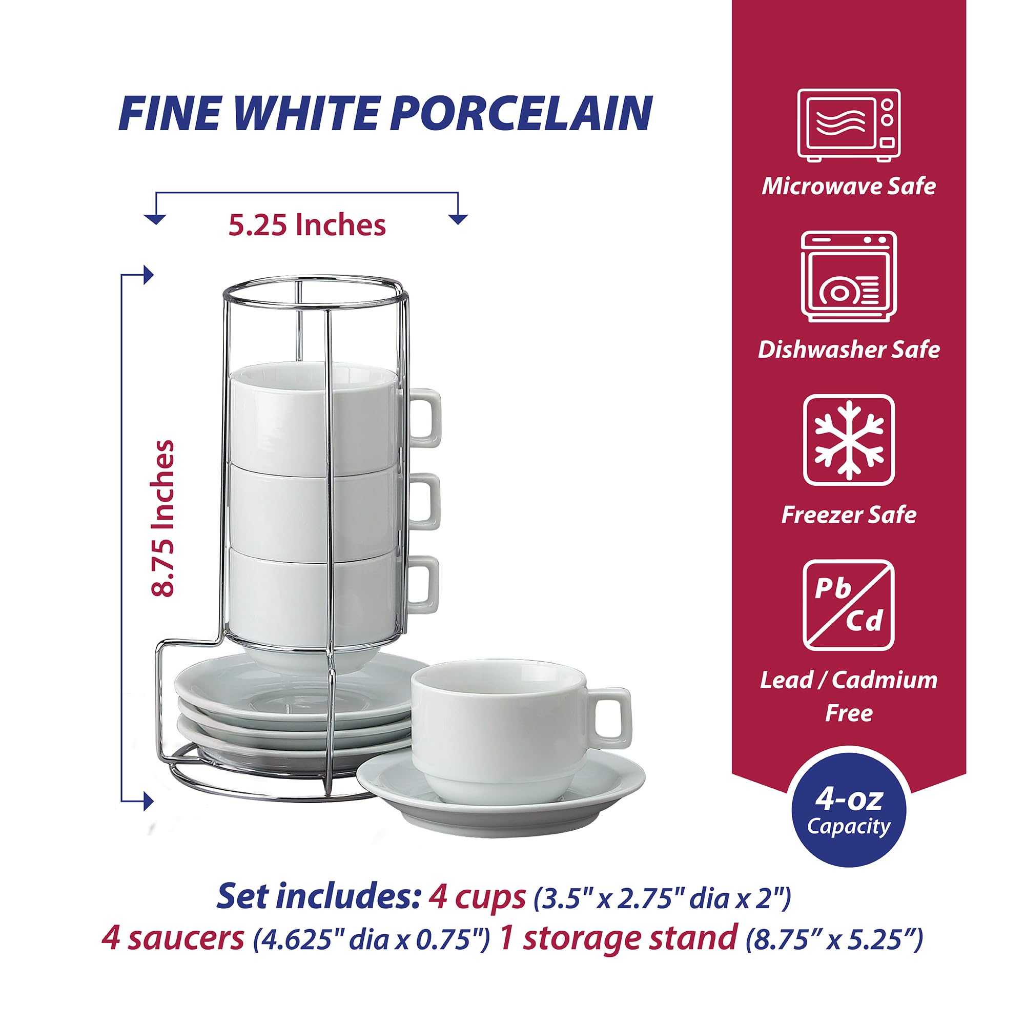 HIC Kitchen Stackable Espresso Coffee Set, Fine Porcelain, 9-Piece Set, 4-Ounce Service for 4 Plus Storage Stand - Image 5