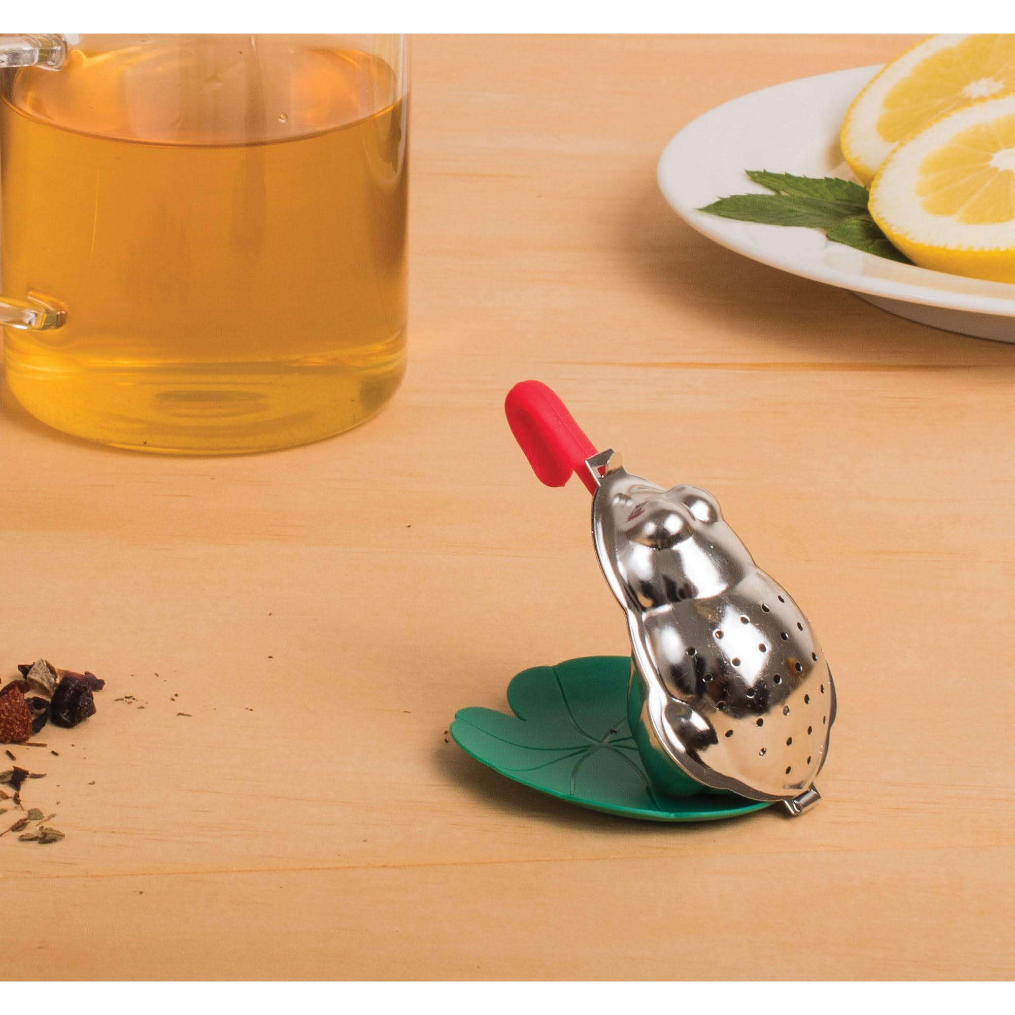 HIC Kitchen Tea Infuser with Drip Tray, Frog and Lily Pad, 18/8 Stainless Steel and Plastic - Image 5